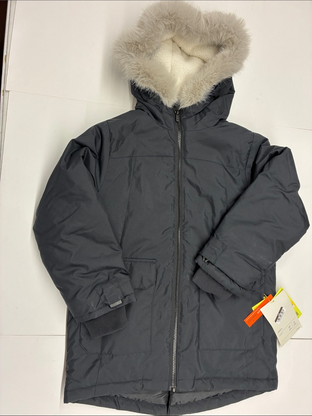 NEW All In Motion Kids Black Hooded Parka with Faux Fur Trim